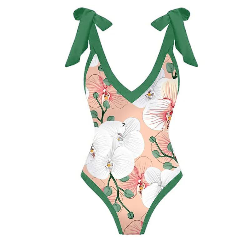 Print Lace-Up Panel One-Piece Swimsuit Sexy V Neck Push Up Bikini Backless Bow Straps Elegant Cover Up Beach Suit Push Up Chic