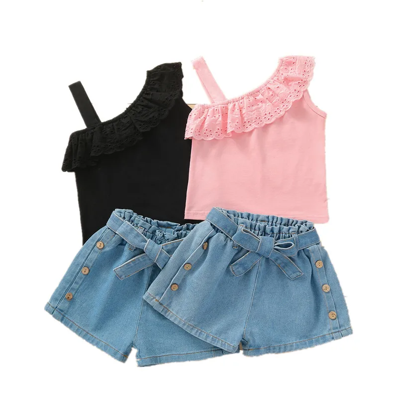 

Спортивный костюм для девочек 0-3 лет, жилет, джинсовые шорты, комплект одежды из 2 предметов, летний комплект одежды для новорожденных