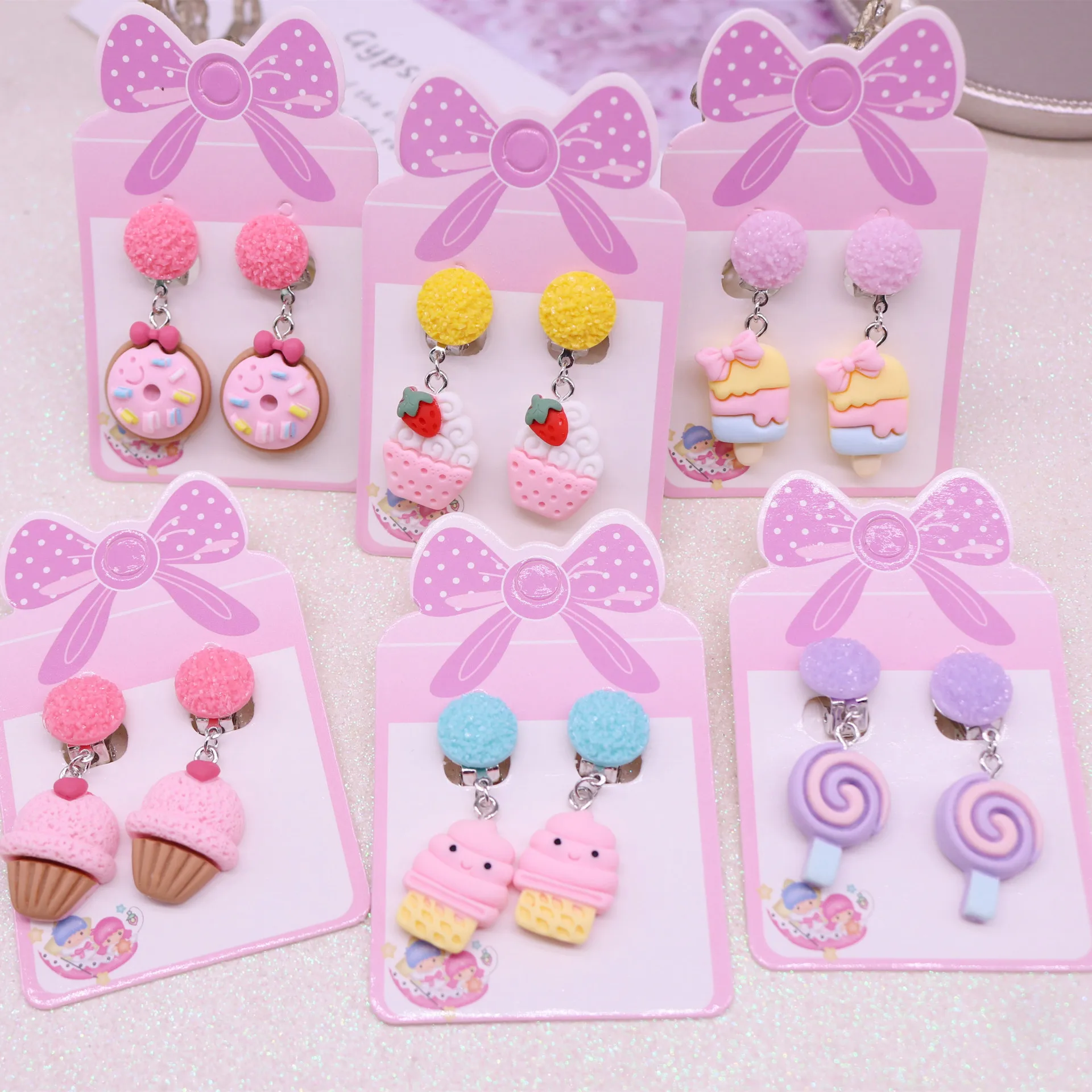 

13 Styles Cute Pink Donut Ice Cream Clip on Earrings for Children Girls No Pierced Earring Jewelry Birthday Xmas Gifts Accessory