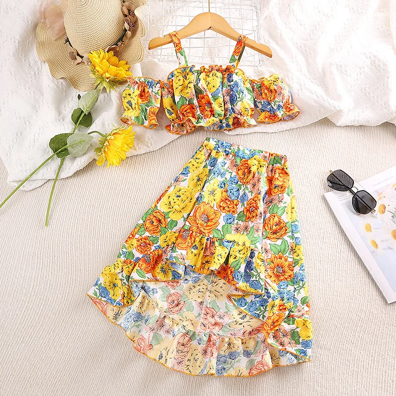 

2023 New Summer Child Clothes Sets Sleeveless Ruffles Floral Yellow Cute 2 Piece Sets Designer Girls Clothes Sets 4-7T