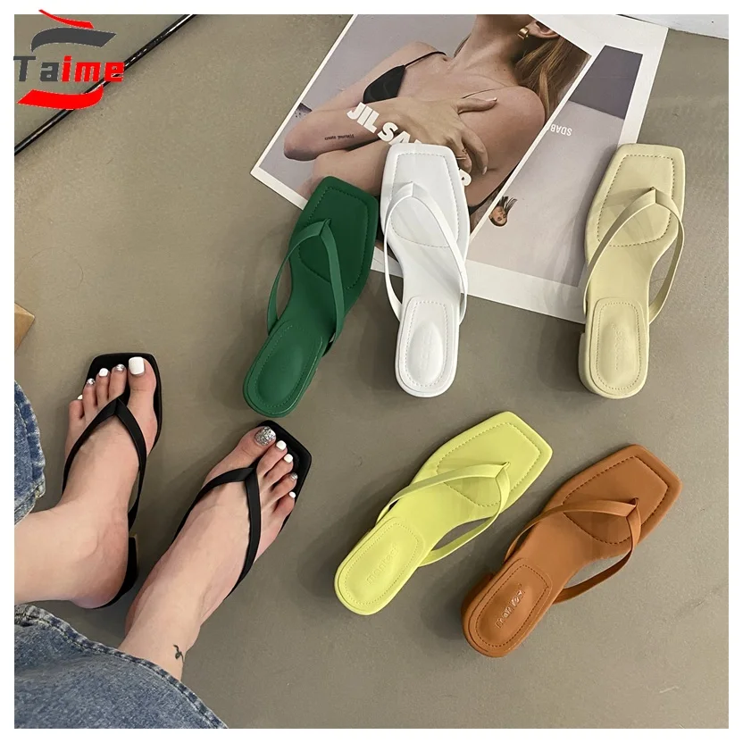 

TAIME Flip Flops Women Low Heel Slippers Square Toe Casual Slides Ladies Shoes 2022 New Summer Beach Sandal Vacation Mujer