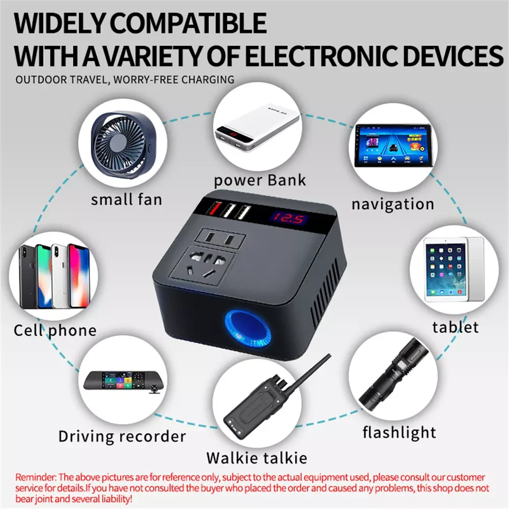 

Inverter 150W Peak DC12V/24V to 110V/220V LED Display Sockets Power Inverter with QC 3.0 USB Charger Fast Charging