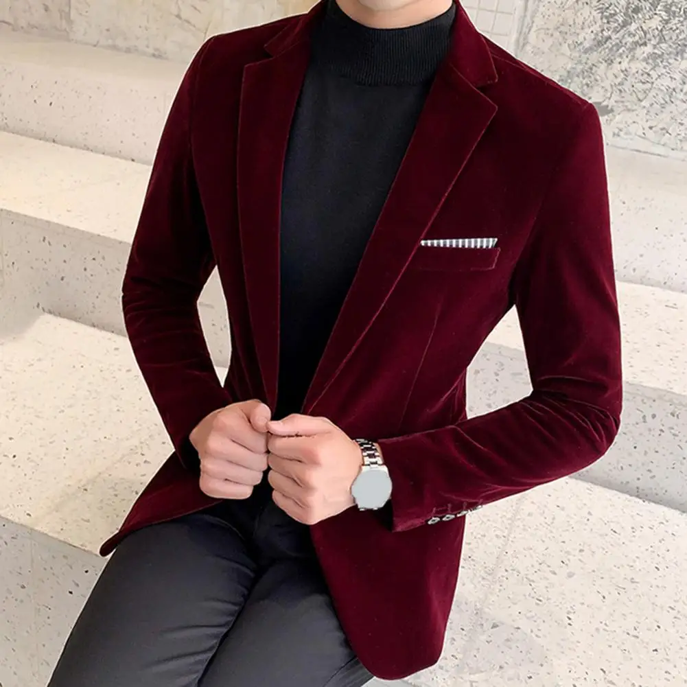 Male  Formal Velvet One Button Blazer Spring Suit Jacket Long Sleeve   for Party