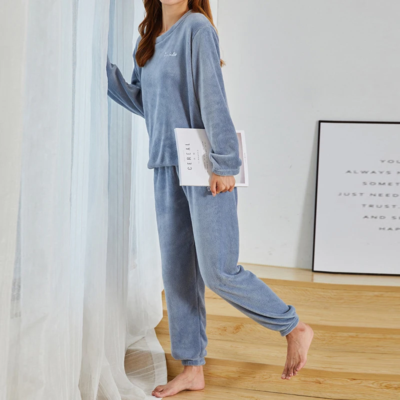 Women Winter Flannel Pajama Set Fleece Pajamas Sleepwear Homewear Thick Warm Velvet Female Suit Fall Sweatshirt Ladies Pyjama
