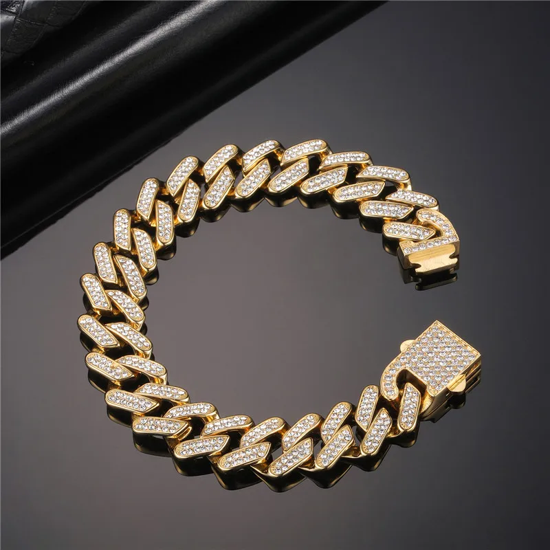 

US7 Iced Out Chain Hip Hop Bracelet Charms Jewelry Gold Silver Color Rhinestone CZ Clasp Choker For Men Rapper Bling Wholesale