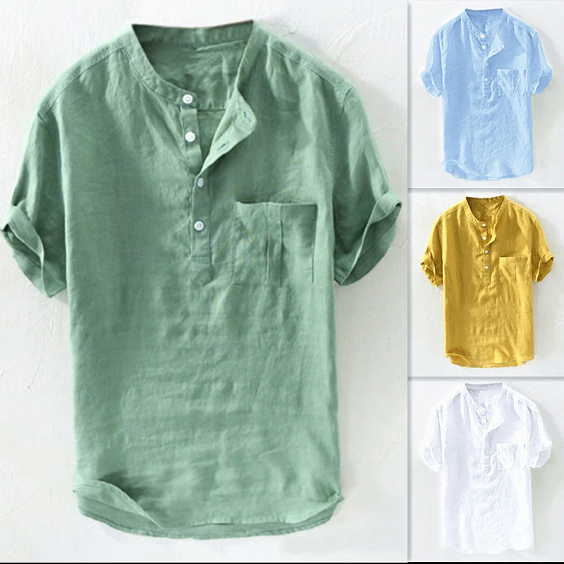 Men's Cotton Linen Tees Short Sleeve Hippie Casual Beach T Shirts Tops Pocket Guayabera Shirts