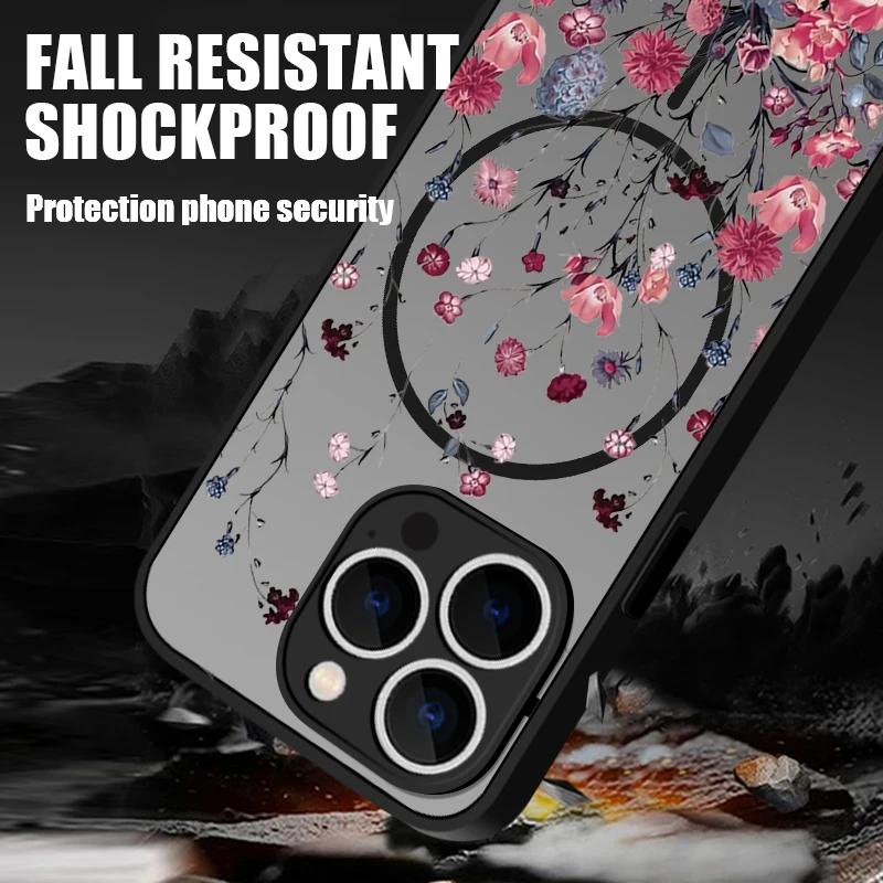 Прозрачный матовый чехол для iPhone 17, 17e, 16e, 16, 15 Pro, 14, 13 Pro Max с поддержкой MagSafe, с принтом разноцветных маленьких цветов, задняя крышка (art.: 3920cda34cd4a) - 3920cda34cd4a