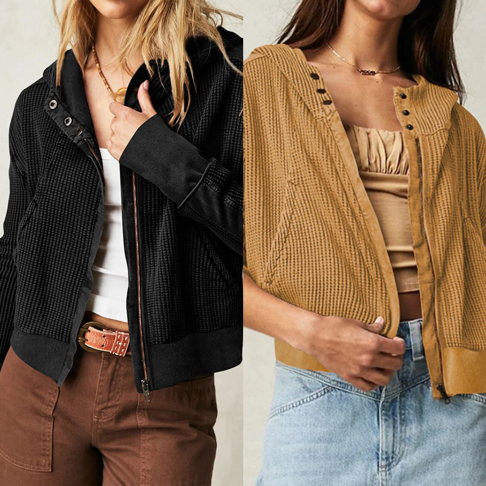 

Female Womens Waffle Shacket Loose Zip Up Hooded Sweatshirt Top with Pockets Oversized Blouse Casual Daily Wear Streetwear Suit