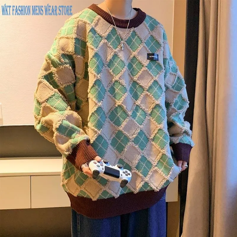 New Plaid Sweater Men's Clothing Round Neck Pullover Loose Retro Casual Hip Hop Trend Knitwear 2023 Autumn and Winter Polyester