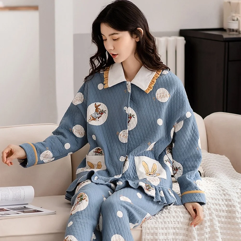 Pure Cotton Women's Pajamas Sandwich Set Pajamas for Women Cardigan Thicken Warm Homewear Sleepwear Winter pyjama pour femme