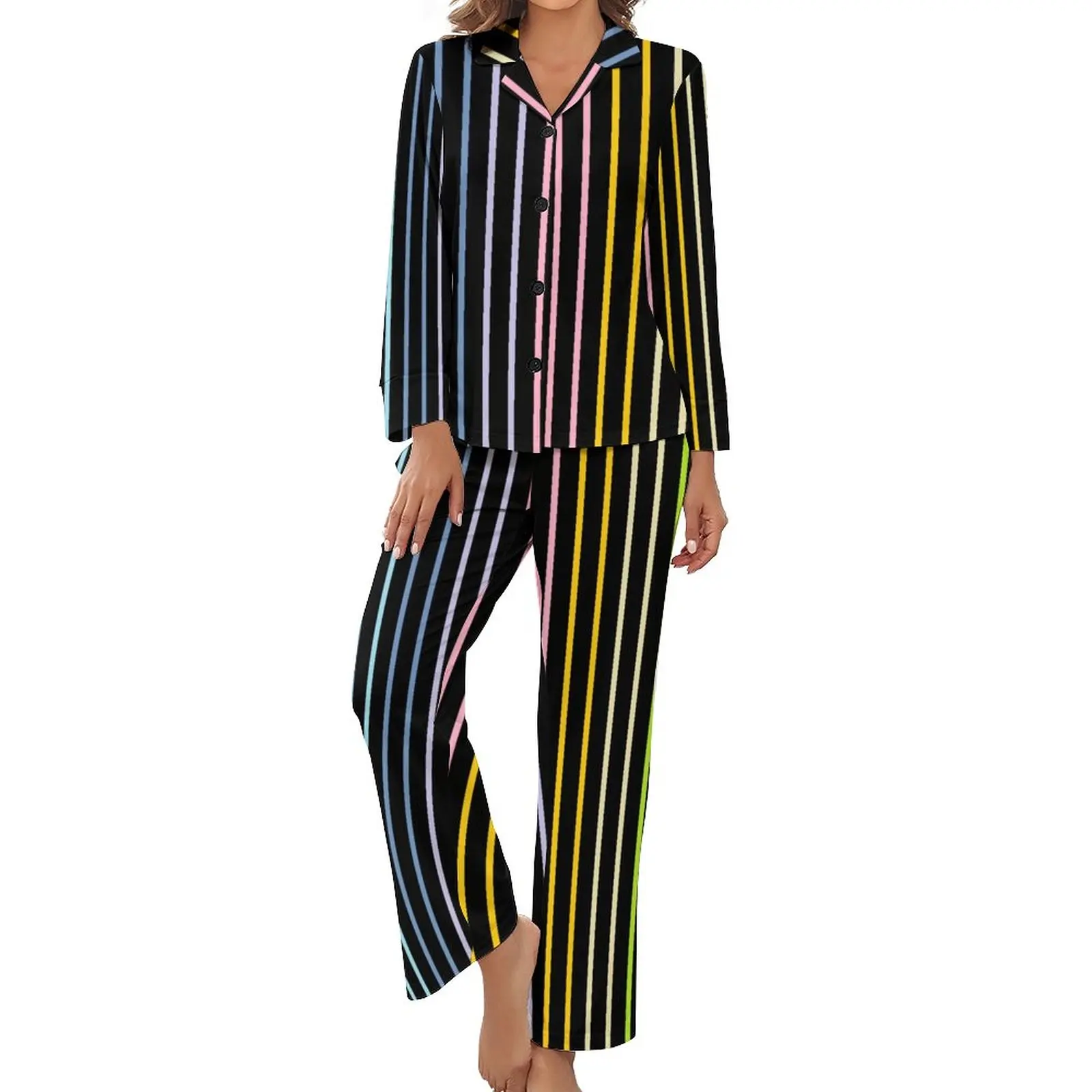 

Rainbow Striped Pajamas Long Sleeve Vertical Stripes Print 2 Pieces Aesthetic Pajamas Set Daily Female V Neck Romantic Sleepwear