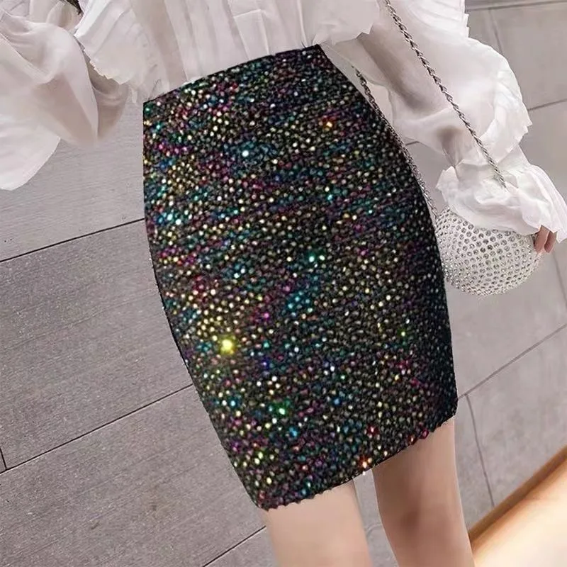 

Spring Fall Women High Waisted Stretchy Glitters Bright Silk Golden Silver Pencil Skirt , Woman Fashion Summer Sequined Skirts