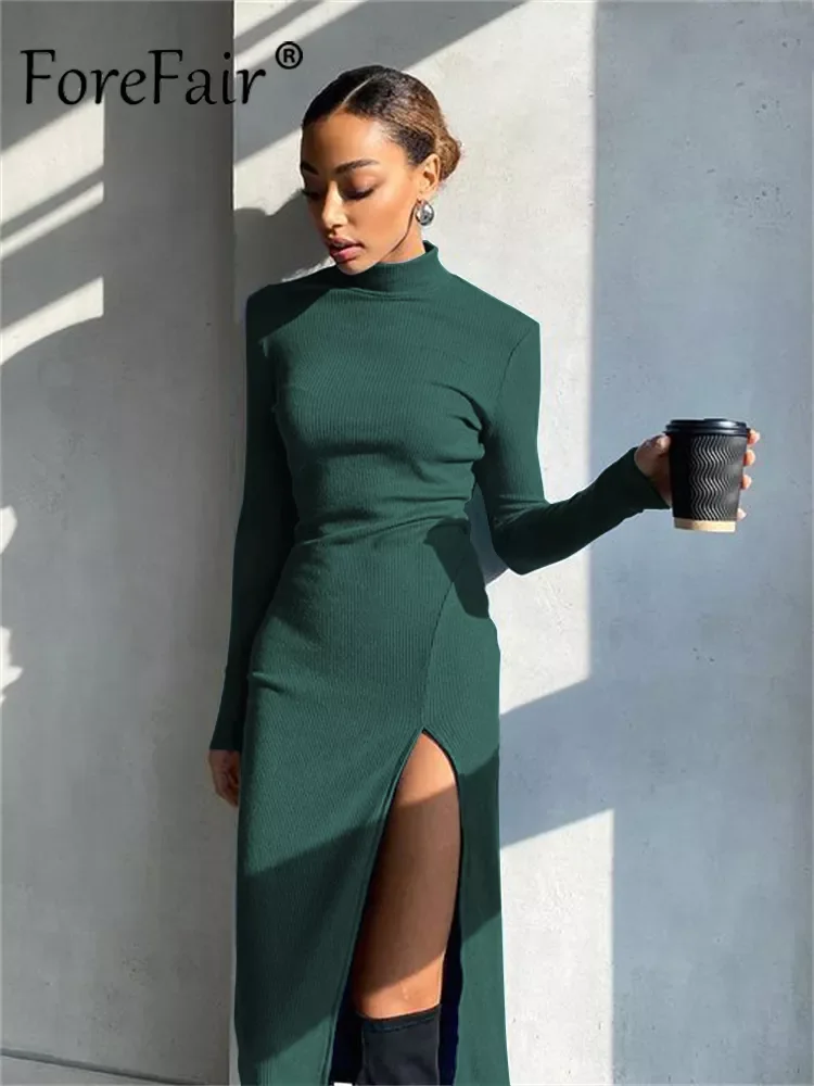 

Forefair 2021 Autumn Winter Knitted Long Sleeve Women's Midi Dresses Bodycon Sexy Evening Party Woman Dress For New Year 202
