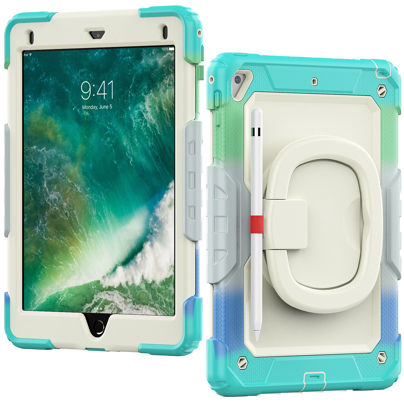 

Case for iPad Mini 4/5/6 9.7" Air2 iPad 5th/6th Pro9.7 Kids Armor Pull-tab Stand Cover 3 layer protective Shoulder Strap Fu