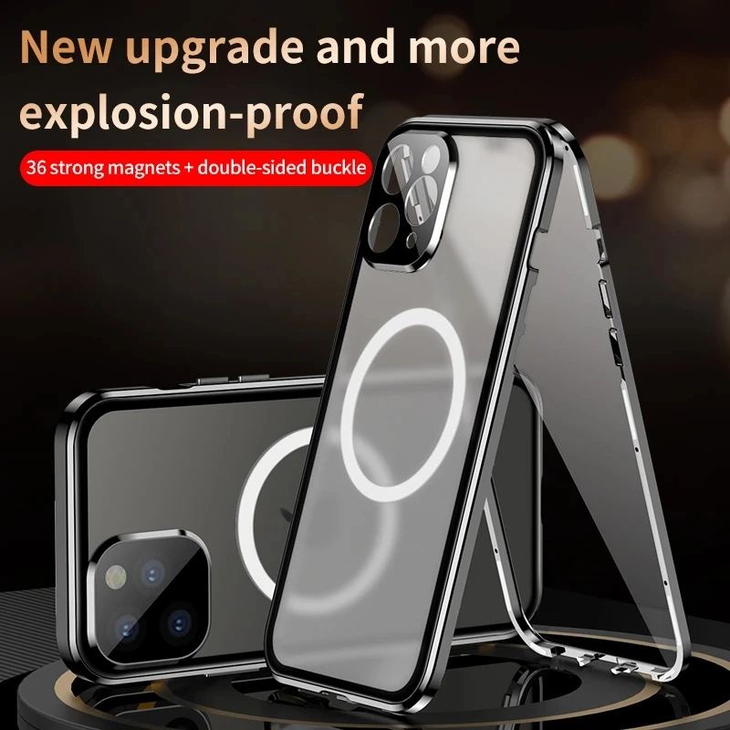 

Магнитный чехол для iPhone 14, 13, 12, 11 Pro Max, 360 °, полностью закрытый, алюминиевый сплав, стекло Magsafe, Беспроводная зарядка, защитный чехол