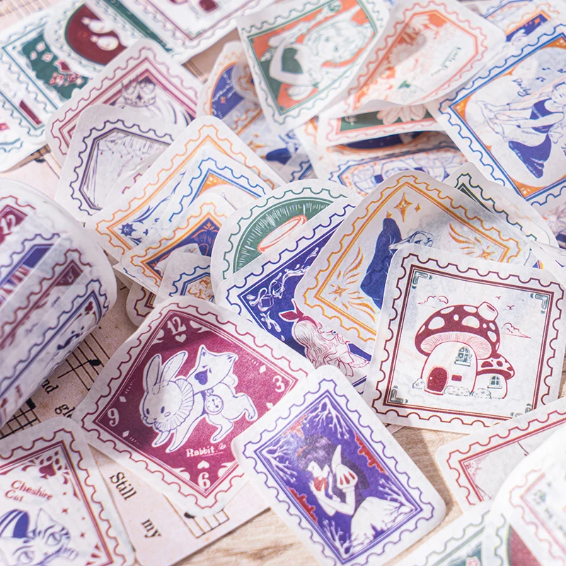 

50Pcs/Set Hand Drawn Fairy Tale Stamp Style Stickers On Roll Aesthetic Scrapbooking Sketchbook Diary Decor Alphabet Art Letters
