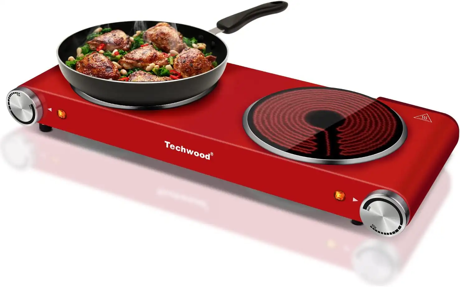 1800W  Hot Plate, Countertop Stove Double Burner for Cooking, Infrared Ceramic Hot Plates Double Cooktop, Red, Brushed Stainless