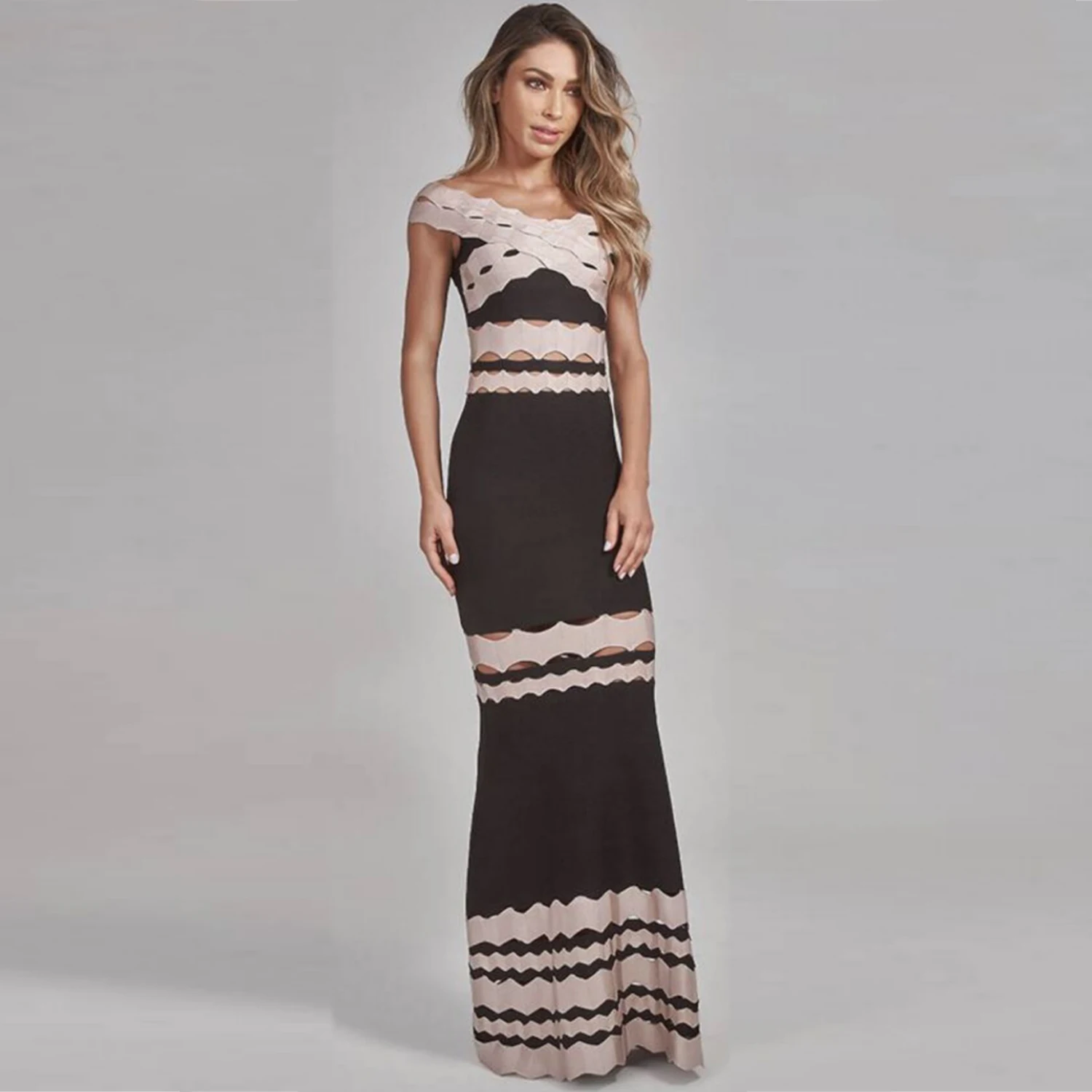 

New Arrival Fashion Black Beige White Patchwork A Line elegant Floor Length Jacquard Celebrity Party Bandage Dress