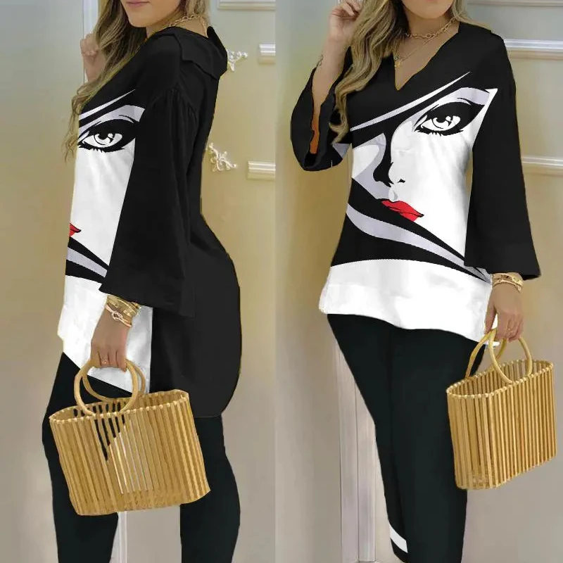

2023 Spring New Women's Two-piece Fashion V-neck Long-sleeved Top Pants Suit Fashion Casual Commuting Suit Overalls for Women