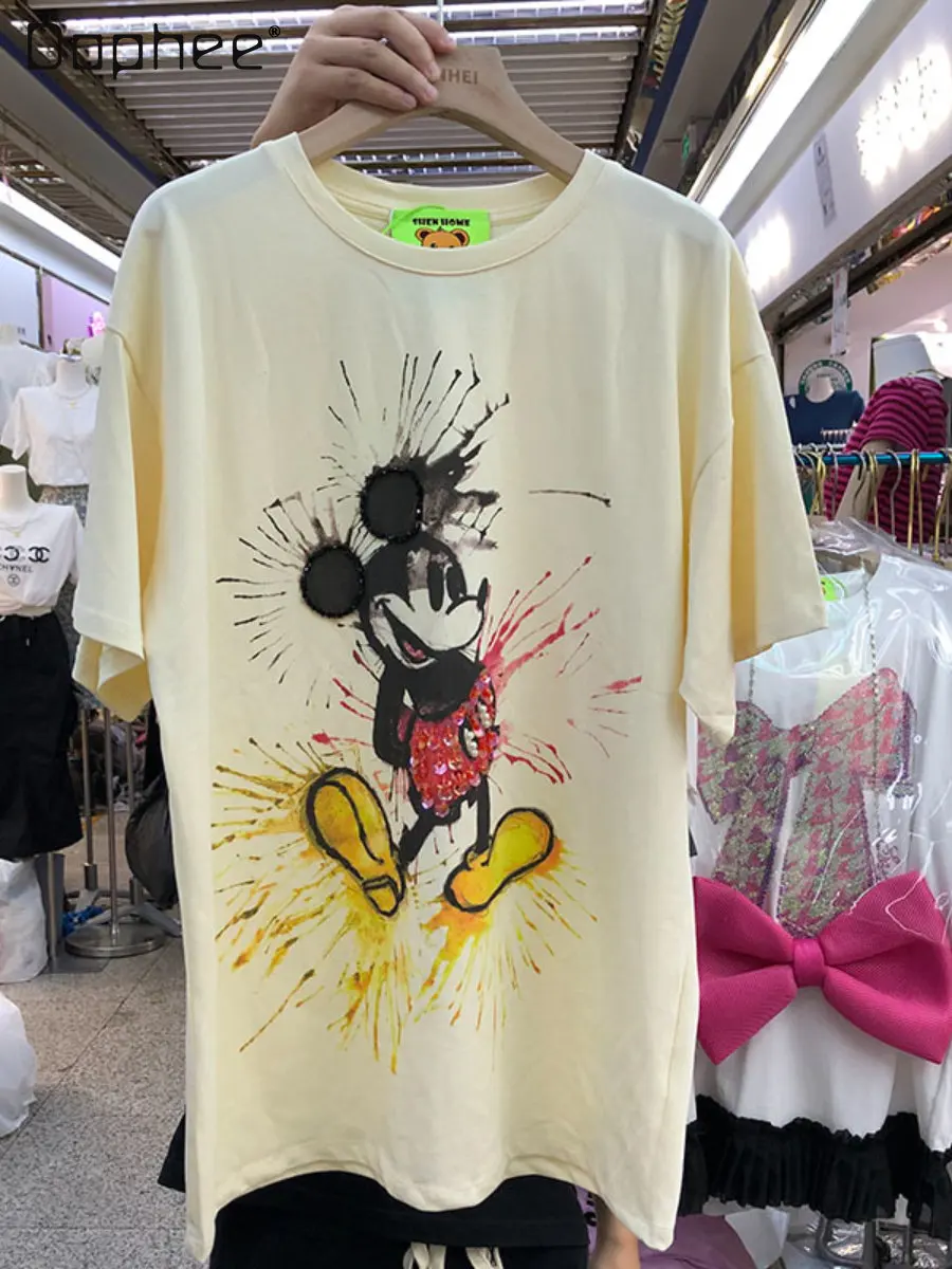 

Heavy Sequins Cartoon Pullover Round Neck Loose-Fitting Casual T-shirt Women's 2023 Spring Summer New Short Sleeve Cotton Top