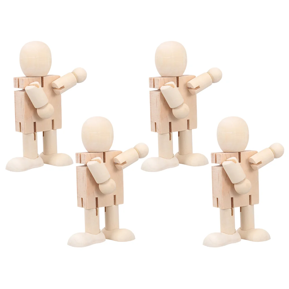 

4 Pcs Ornaments Joint Adjustable Wooden Figures Robot Model DIY Graffiti Craft Dolls Small Child