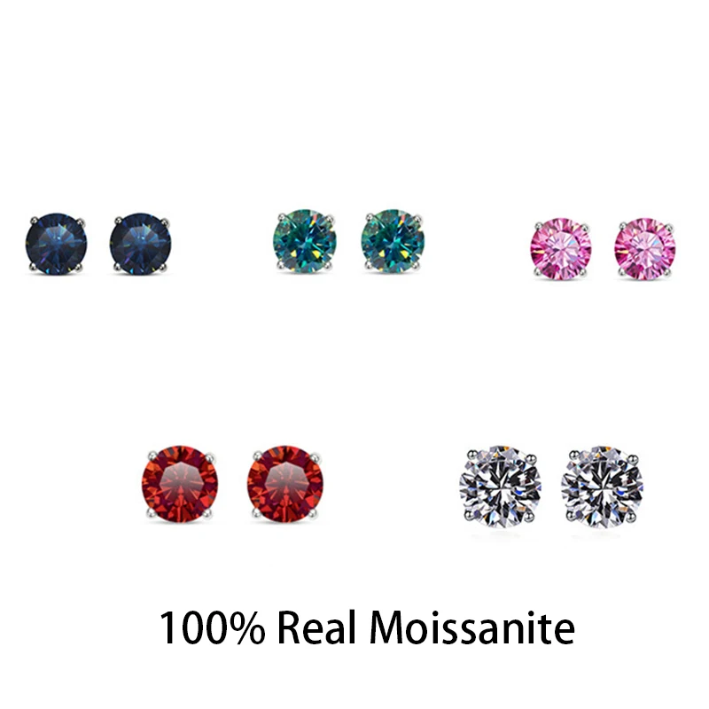 

AETEEY Real Moissanite Stud Earrings Red White Pink Diamond S925 Sterling Silver 4 Prong Earrings Wedding Fine Jewelry for Women
