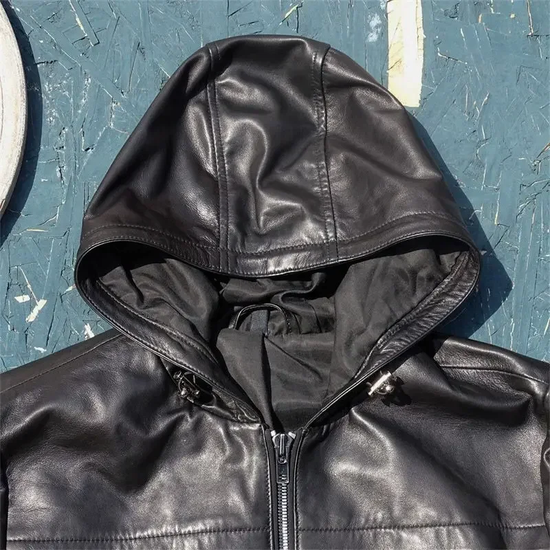 Мужская повседневная одежда из натуральной кожи с капюшоном большие размеры