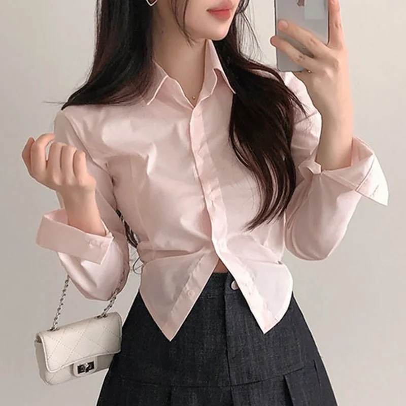 

New WOMENGAGA Korea Sexy Polo Collar Single Breasted Slim Long Sleeve Shirt Top Women's Hot Sexy Korean Women Tops Blouse 1PVV