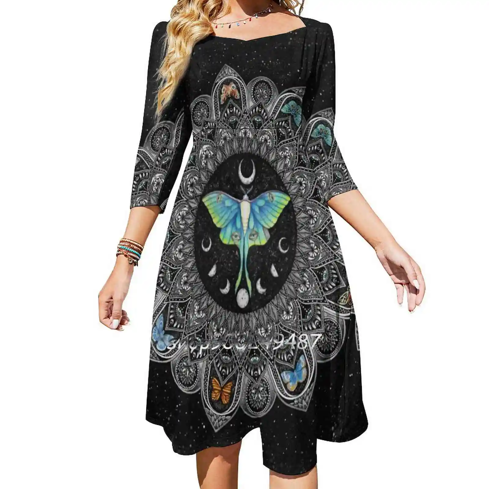 Lunar Moth Mandala With Background Flare Dress Square Neck Dress Elegant Female Fashion Printed Dress Ink Sharpie Pencil