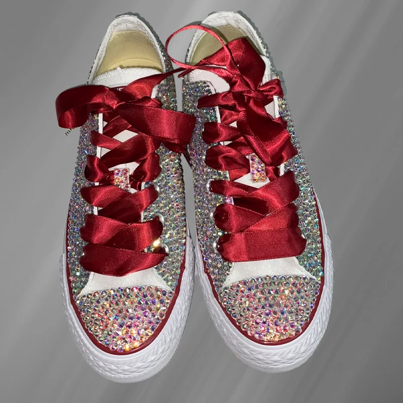 

Hand-pasted diamond full diamond stitching ribbon contrast color personality low-top canvas shoes large size 35-46