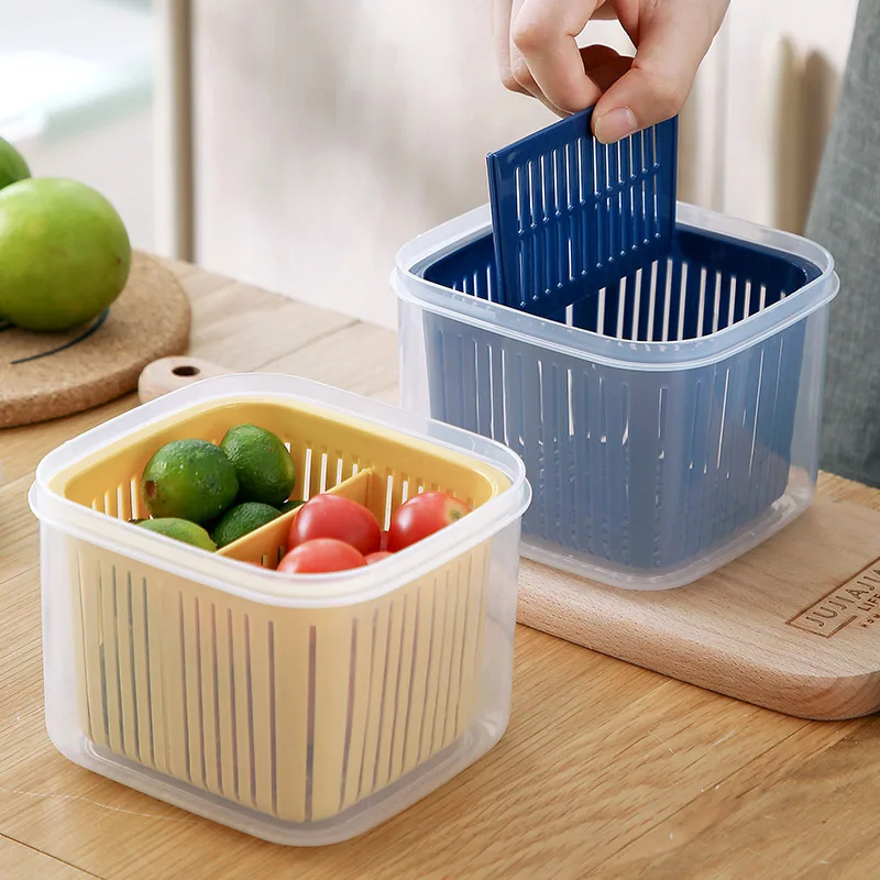 

Double Layer Vegetables Sealed Keeper Fresh Storage Box With Drain Basket Refrigerator Use Draining Crisper Strainers Container