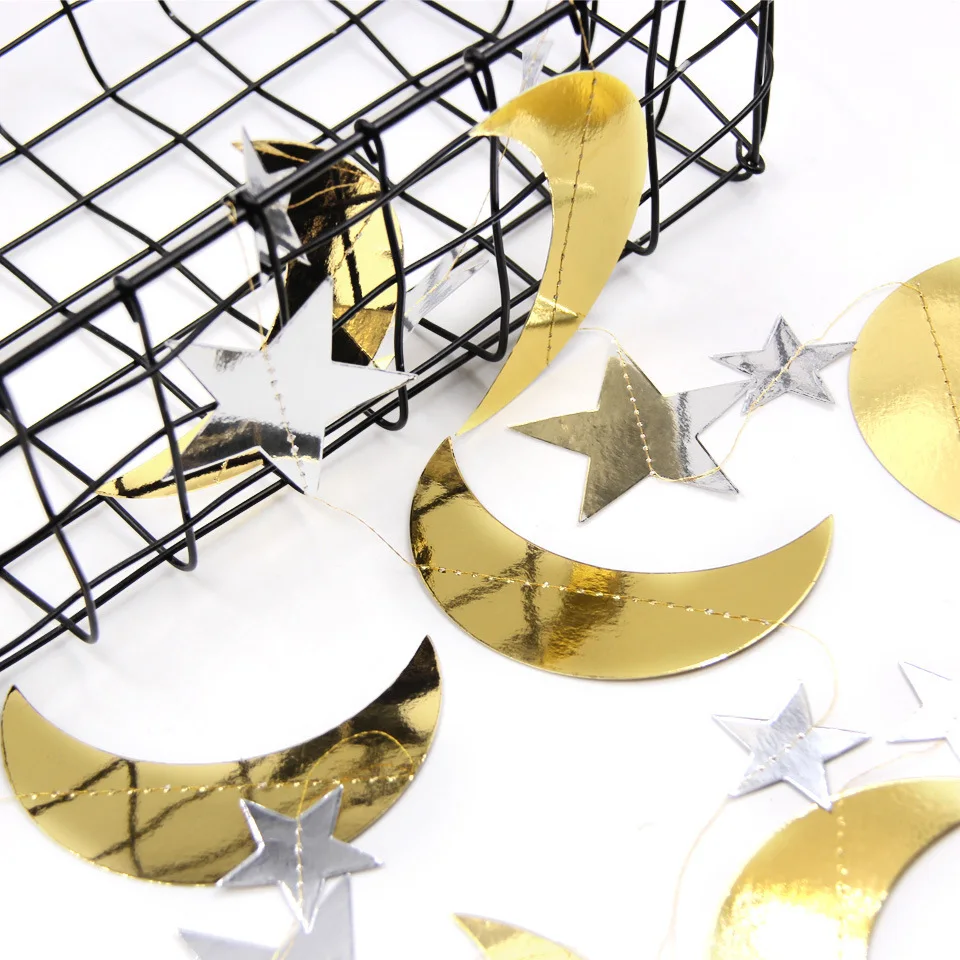 

2M Mirror Moon Five-Pointed Star String Pull Flower Hanging Banner Ramadan Festival Party Decoration Eid Mubarak garland ornamen