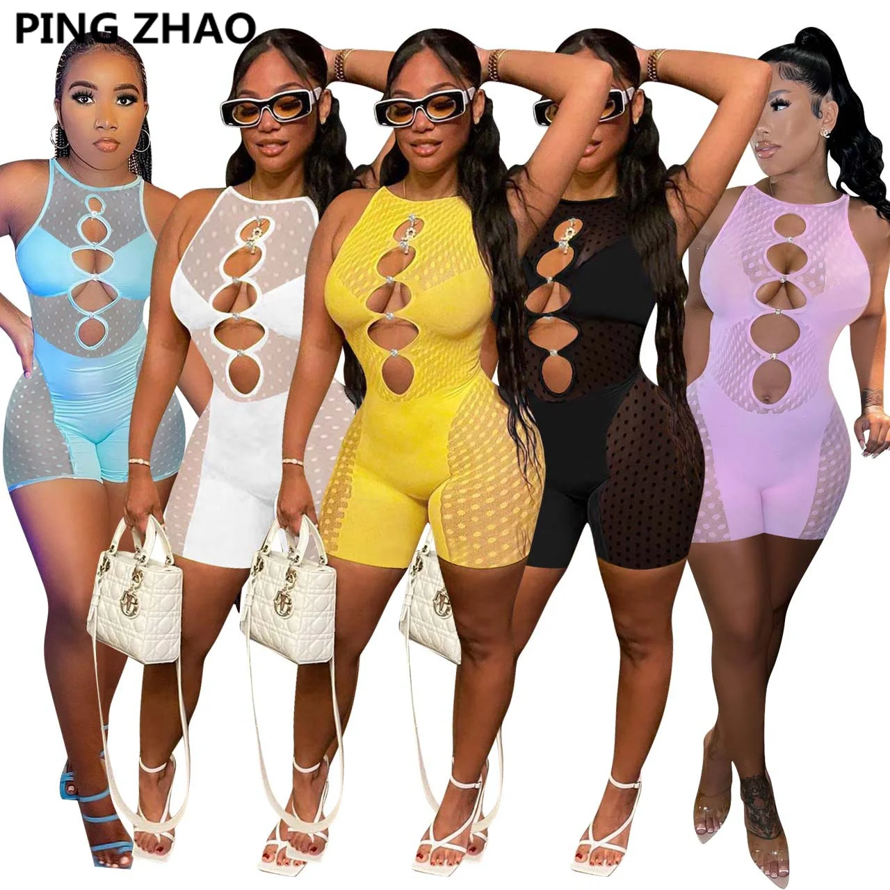 

PING ZHAO Women Mesh Patchwork Sleeveless Cut Out Romper 2022 New Summer Sexy Party One Piece Overall Playsuit