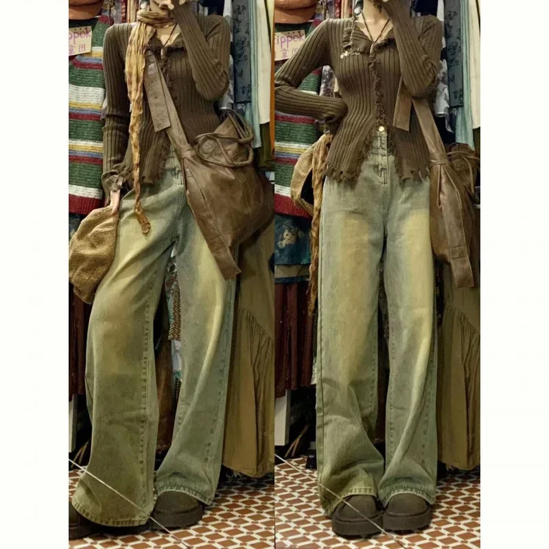 Винтажный вязаный кардиган кофейного цвета с длинным рукавом и бахромой Женский