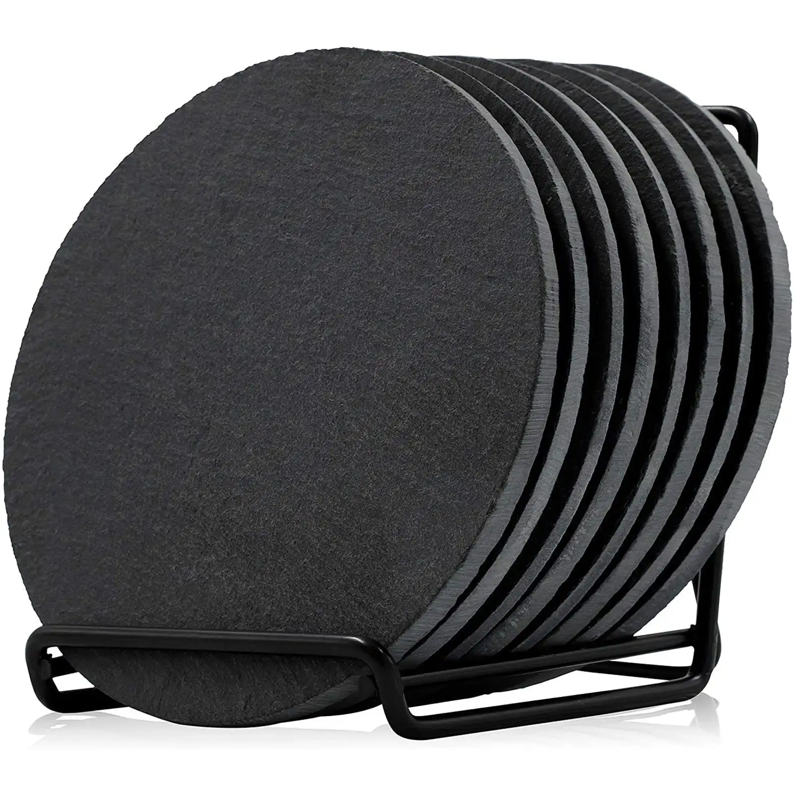 

Set of 9 Round Black Slate Coasters with Rack (4 Inches)