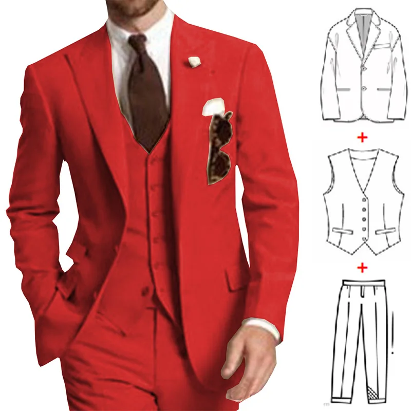 Red Wedding Tuxedos for Men Slim Set 3 Pieces Groom Suits Formal Prom Groomsmen Best Man Formal Blazer Male Suit Costume Homme