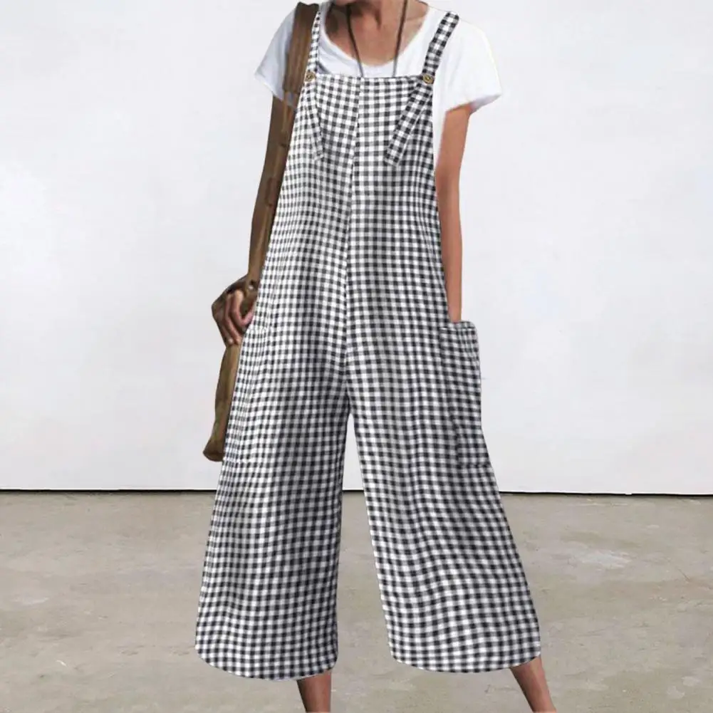 

Summer Jumpsuit Big Pockets Soft Fabric Casual Breathable Loose Type Contrast Color Plaid Print Wide Leg Women Romper Clothes