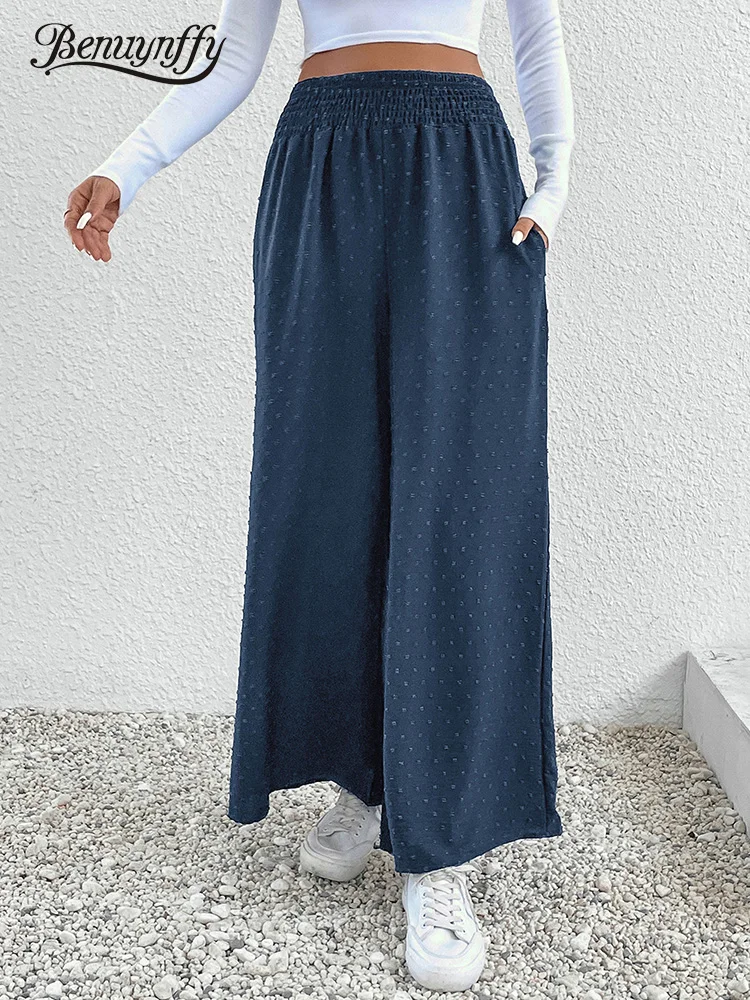 

Benuynffy Swiss Dot Wide Leg Pants for Women 2023 Spring Fall Casual Pockets High Elastic Waist Korean Ladies Street Pants