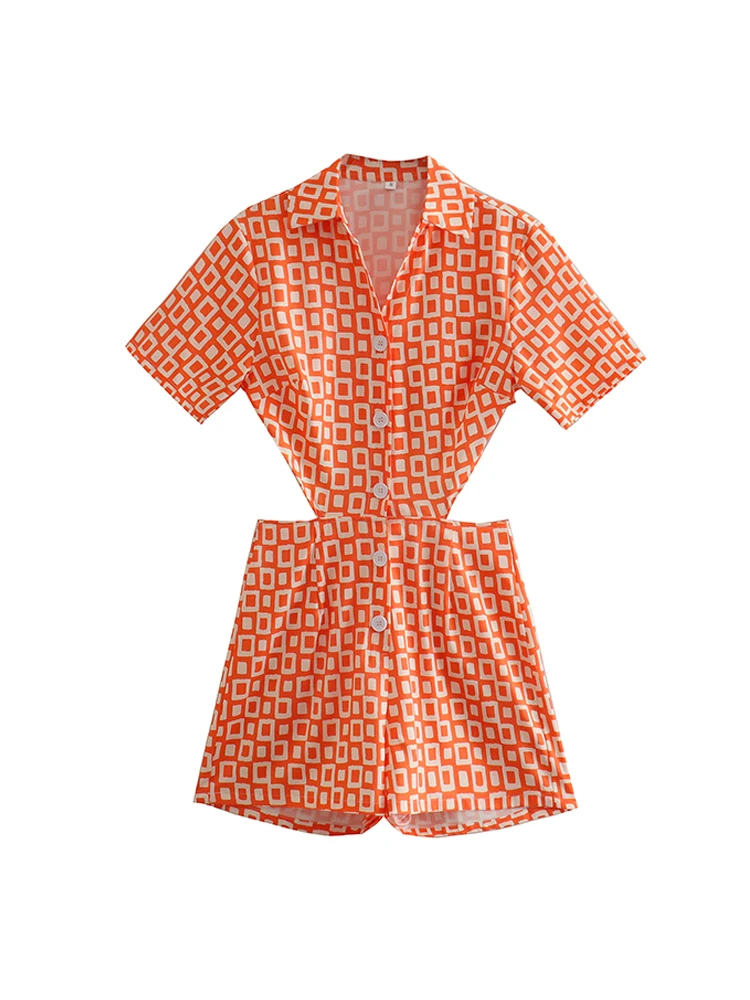 

Summer Single Breasted Orange Color Playsuits Women Short Sleeve Hollow Out Waist Rompers 2022
