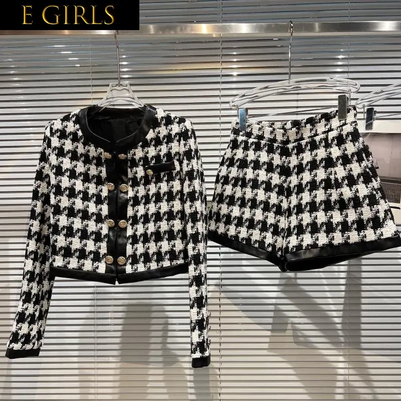 

E GIRLS 2022 Autumn Stand Collar Double Breasted Buttons Plaid Jacket Tweed Coat Shorts Two Piece Set Women Outfits GG249