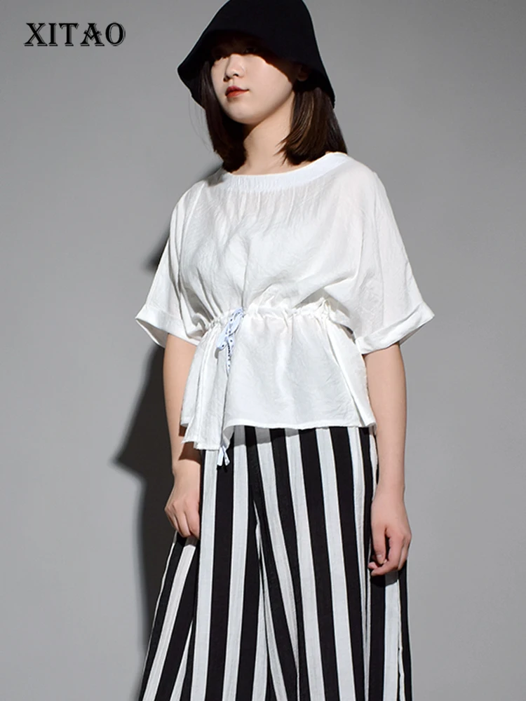 

[XITAO] Korea 2018 New Arrival Summer Casual Women Short Sleeve O-Neck Shirts Female Solid Color Loose Bandage Blouses KZH0005