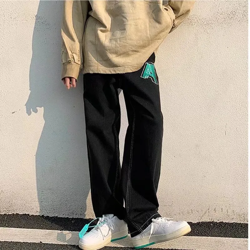 2022 Vibe Style Letter Embroidery Straight Men Wide Jeans Trousers Hip Hop Punk Male Y2K Casual Denim Pants Baggy Pantalon Homme