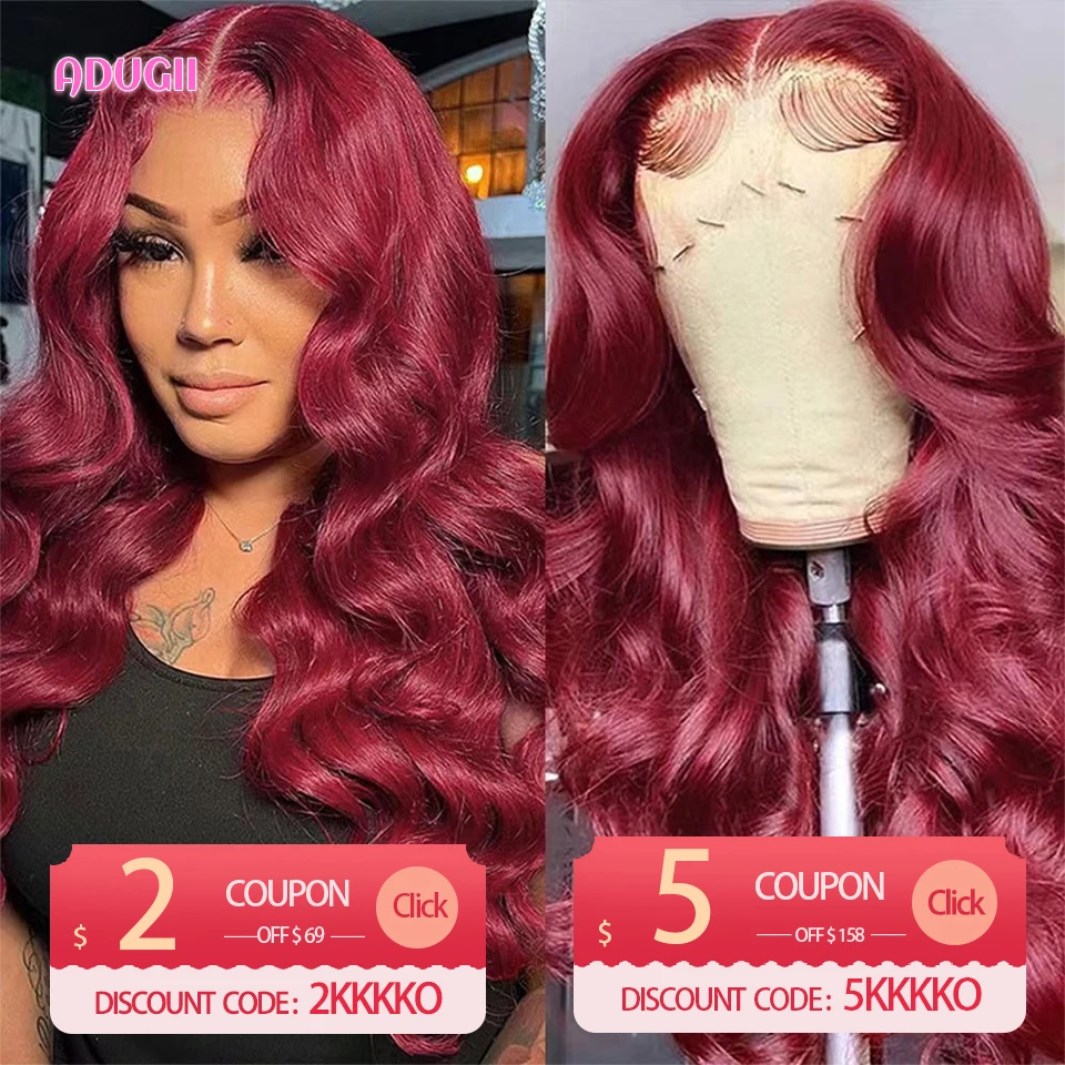 ADUGII 99J Burgundy Body Wave Wig Lace Front Wig Brazilian Straight Human Hair Wigs For Women Deep Curly Remy Hair Closure Wig