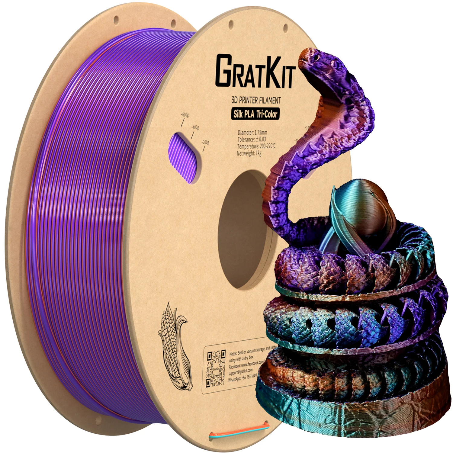 Фото Трехцветная шелковая нить Gratkit PLA 1,75 мм, 1 кг, трехцветный пластик высокого качества для 3D-принтера №1