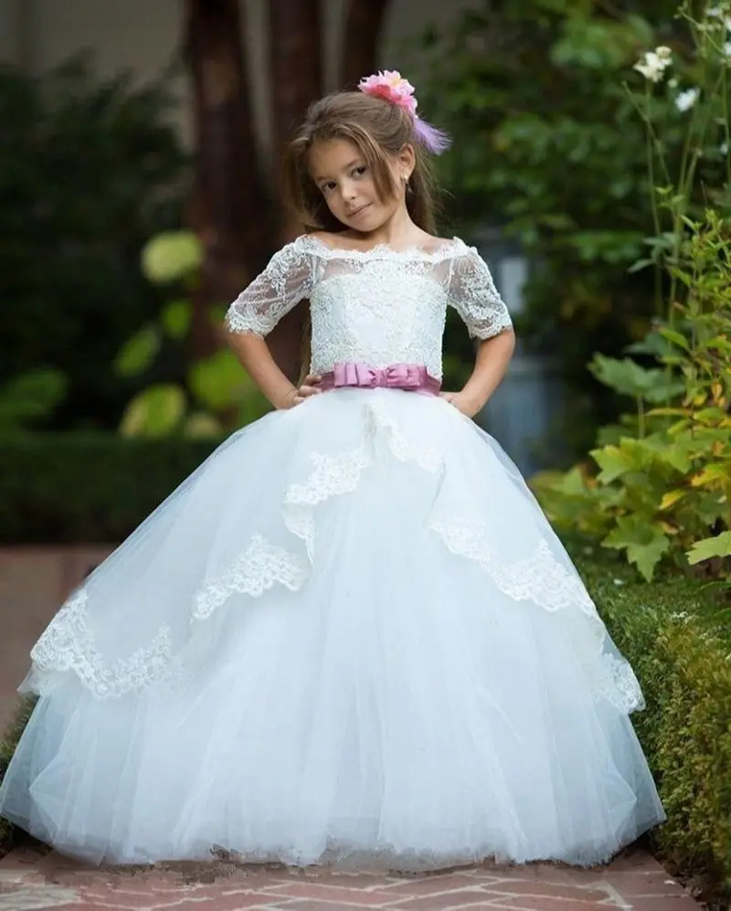 

Милые Платья с цветочным принтом для девочек на свадьбу с поясом и коротким рукавом, кружевное Тюлевое платье принцессы, детское вечернее бальное платье для первого причастия