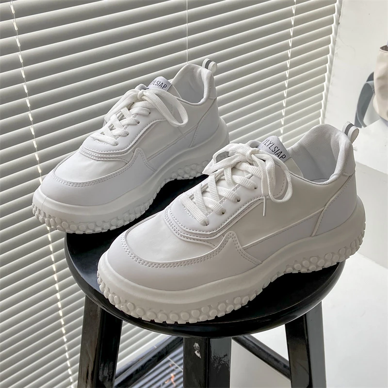 

Breathable Leather Sneakers Women 2022 Summer New Fashion Thick Bottom Lace Up Sport Shoes Woman Solid Platform Casual Shoes