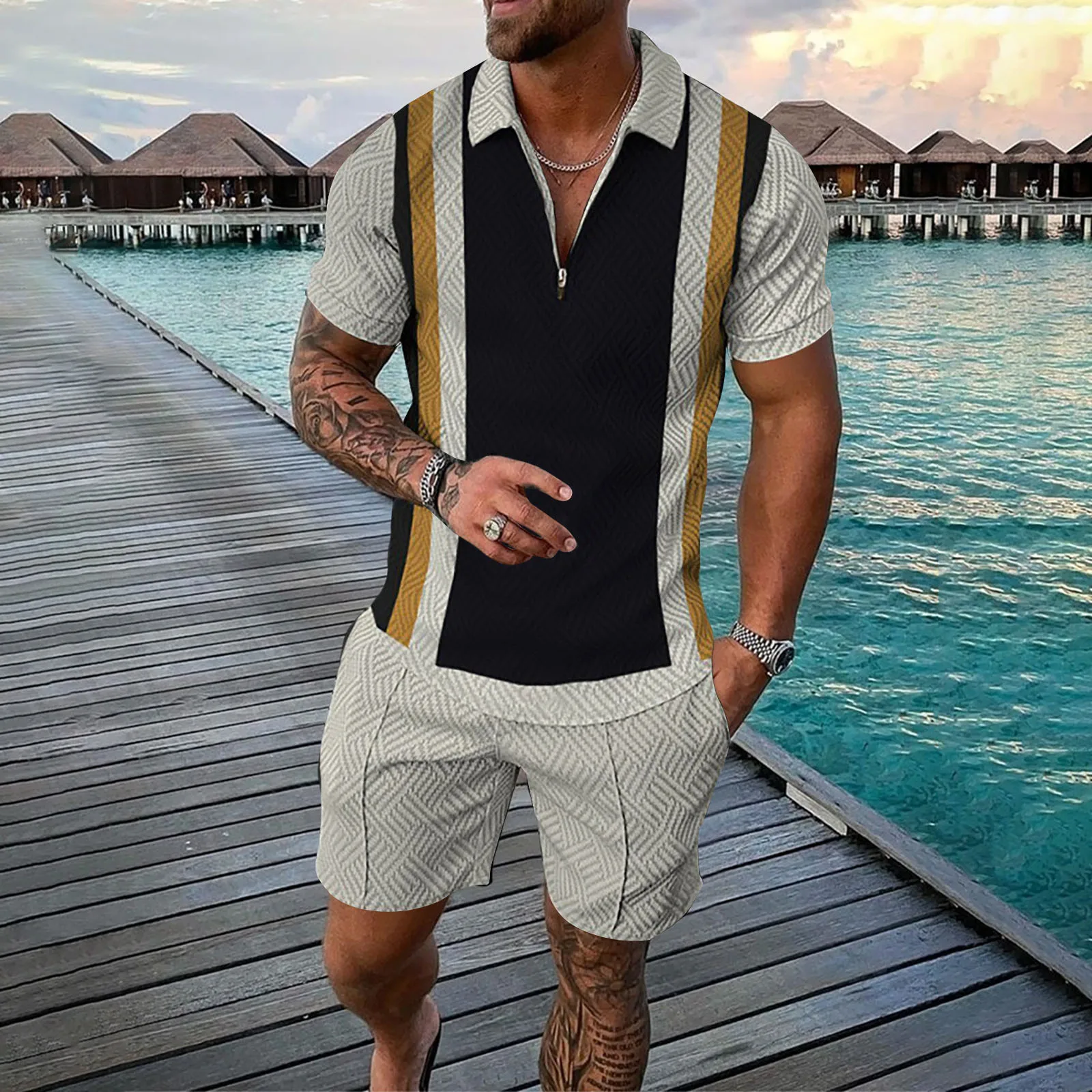 Male Casual 2 Piece Suit Stripe Print Zipper Polo Shirt Color Block Breathable Shorts  Male Set Ropa Hombre Beachwear Conjuntos