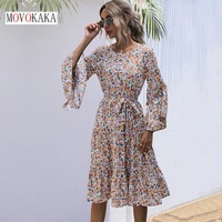 movokaka summer women vintage floral print folds midi dress elegant party casual holiday beach vestidos slim long sleeve dresses