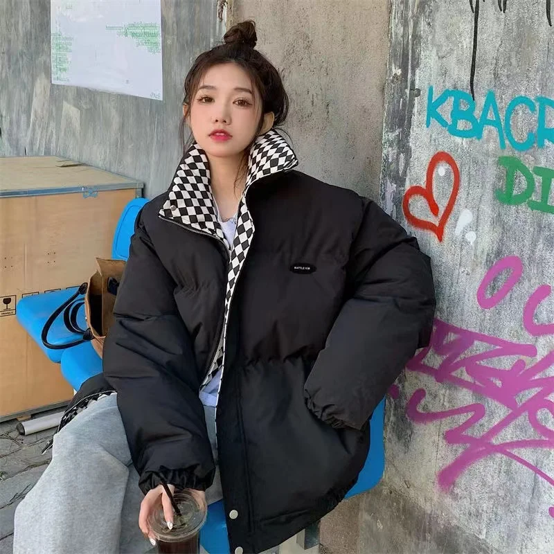 Winter Down Cotton Plaid Jacket Women Zipper Padded Coat Solid Thick Warm Puffer Parkas Jackets Design Loose Outerwear Female