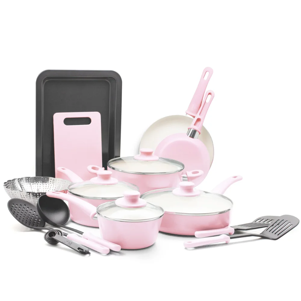 

Soft Grip 18 Piece Cookware Set, Pink Non Stick Cooking Pot Set Pots and Pans